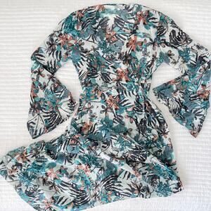 New Debbie Katz South Beach Long Sleeve Wrap Cotton Midi Dress in Blue Floral S